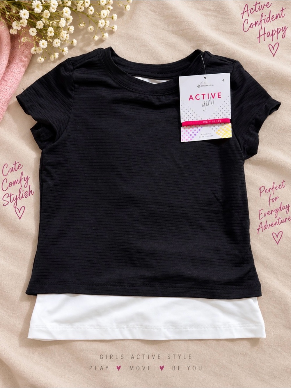 Active USA Black and White Layered Short Sleeve Tee - Girls